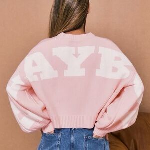 Baby Pink Playboy Cropped Sweater, Slouchy Fit w Oversized Sleeves